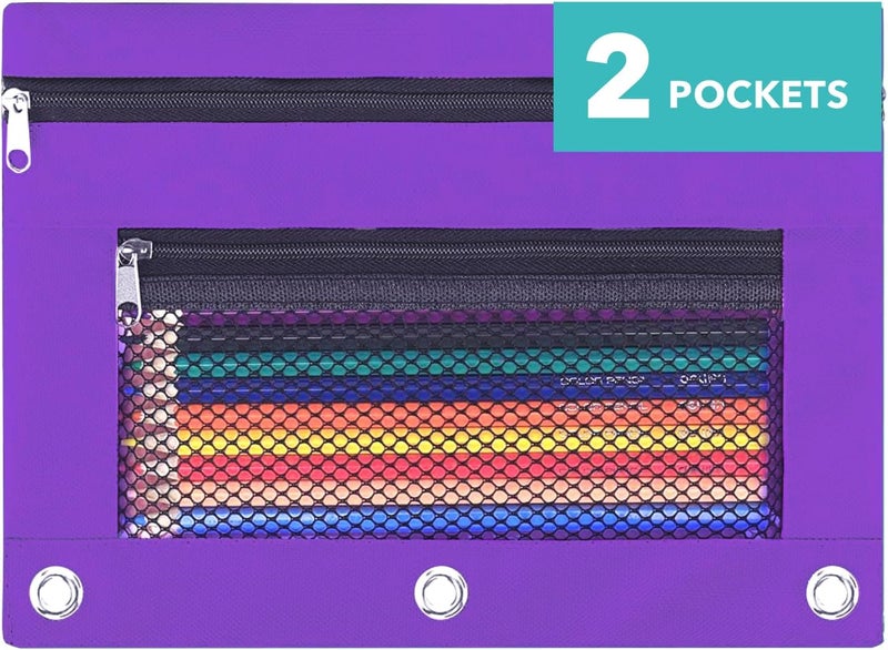 ASBEFORE Pencil Pouch for 3 Ring Binder - 3 Hole Zipper Pen Case Bag Holder Bulk Accessories Clear Window Aesthetic Organizer Pockets (Purple, 1) - Image 1